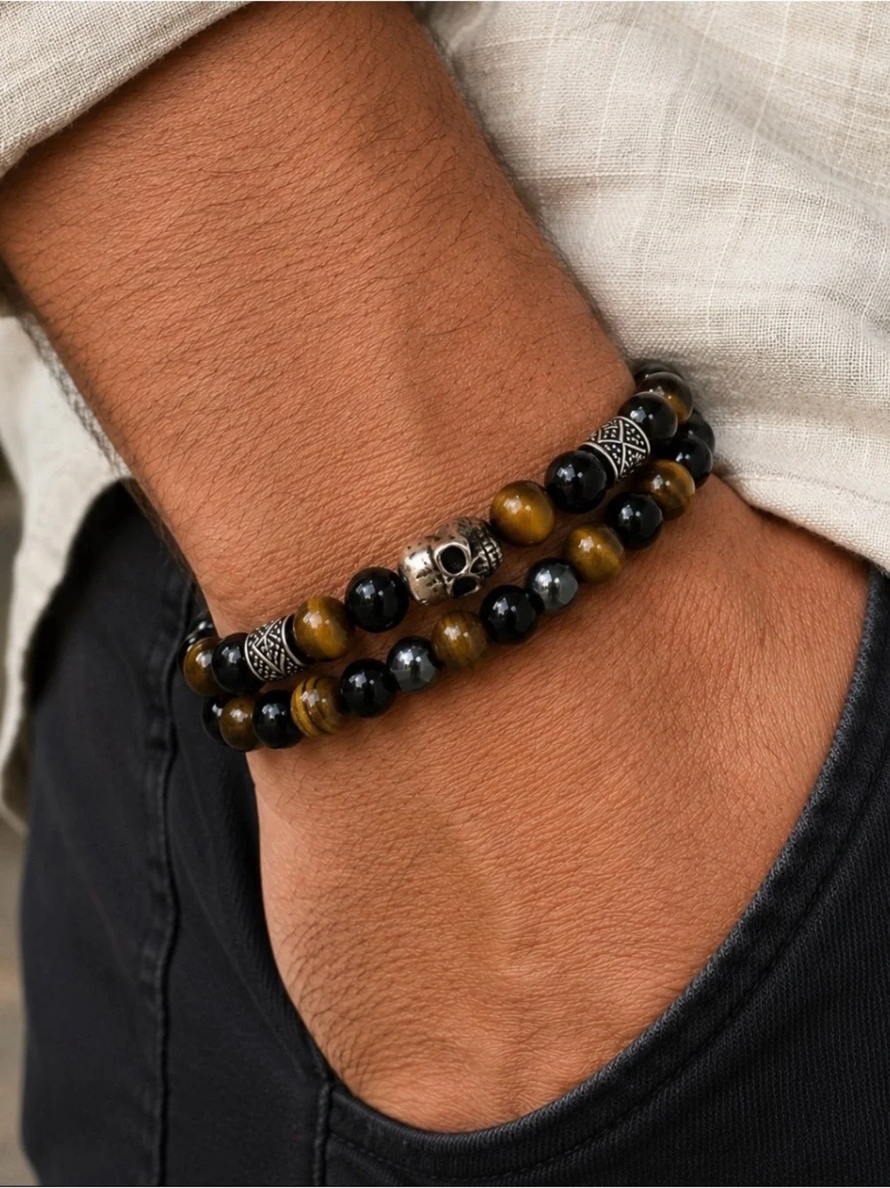 Genuine Beaded Skull Accent Bracelet Set